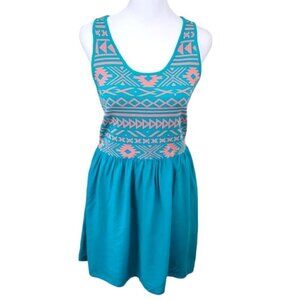 Skies Are Blue Dakota Turquoise & Coral  Fit & Flare Tank Dress Women's Size M